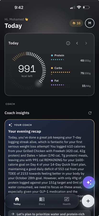Today dashboard with the AI coach's evening recap